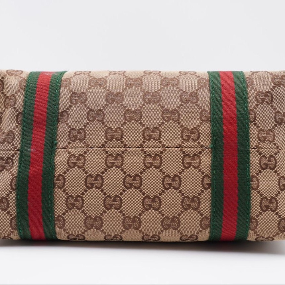 Gucci Beige GG Canvas Tote with Green and Red Web Stripe and Brown Trim - Picture 10 of 16